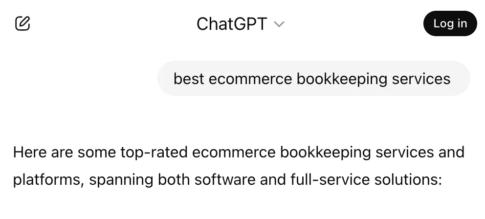 ChatGPT prompt with best ecommerce bookkeeping services in the search bar.