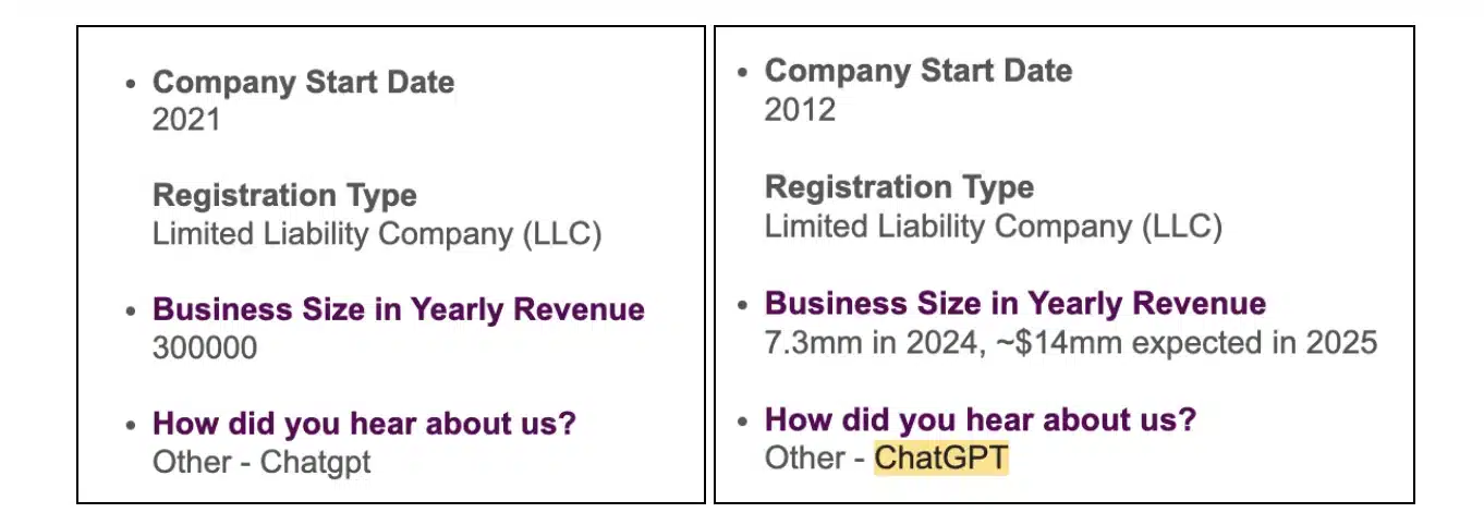 Company comparison showing start date, revenue, and referral source.