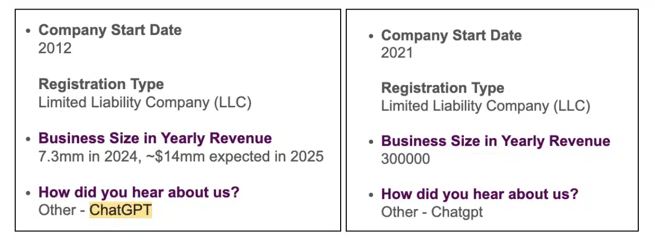 Company profiles showing start date, revenue, and registration type.