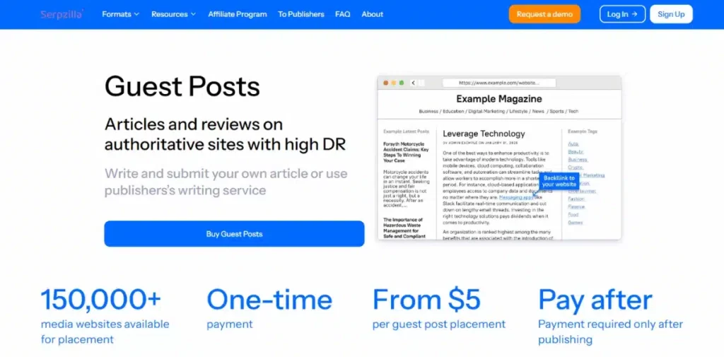 Web page offering guest post services on high authority sites. Features include low-cost, one-time payment, and post-publishing payment. Displays sample magazine page and blue call-to-action button for buying guest posts. Headline text emphasizes 150,000+ media sites available.