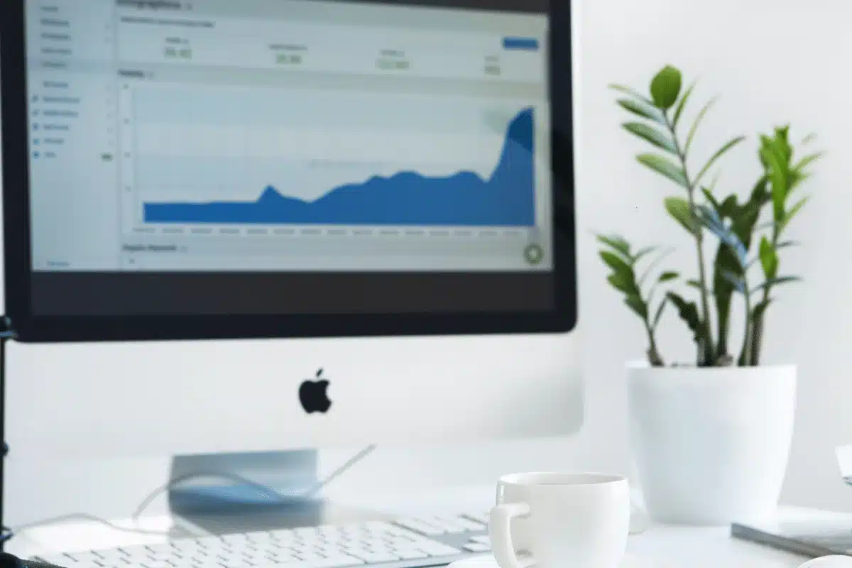 A desktop computer displays a data analytics graph, while a small cup and a potted plant add to the minimalistic workspace aesthetic.