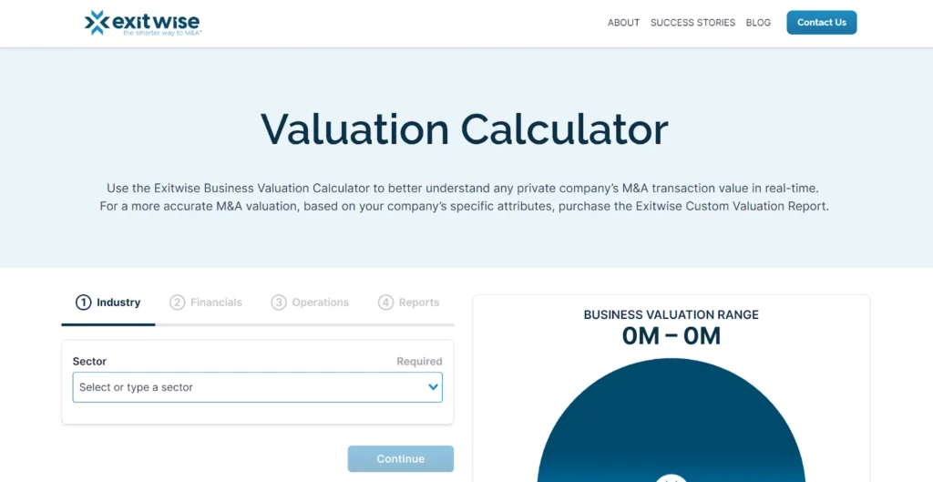 ExitWise Valuation Calculator webpage helps businesses estimate M&A transaction values and generate custom valuation reports.